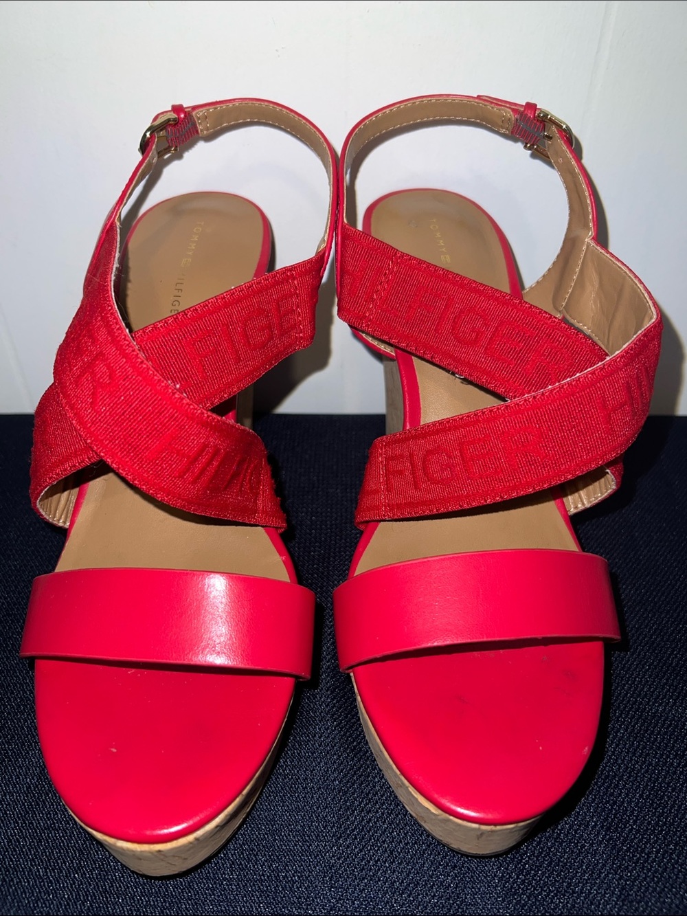 Tommy Hilfiger Bright Red Crisscross Platform Cork Sandals Size 9 1/2 M